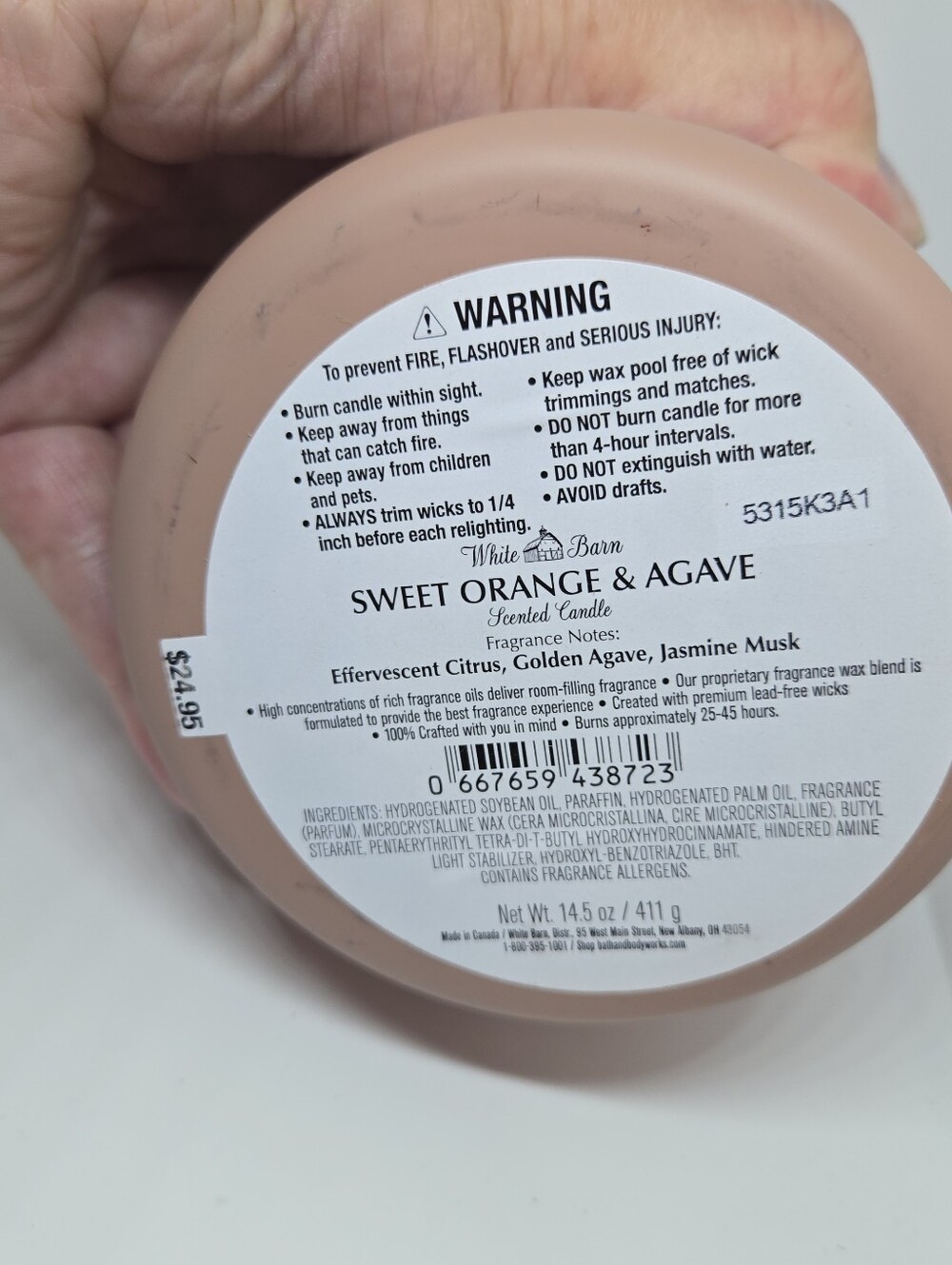 WHITE BARN SWEET ORANGE AGAVE 3-Wick Candle Bath & Body Works 14.5 oz - Picture 3 of 3